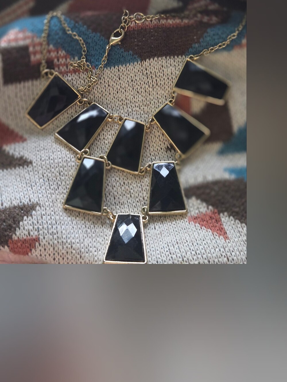 Gold Chain Necklace with Black Faceted Stones - Women Jewelry
